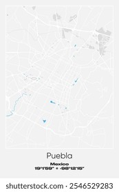 Mapa de Puebla, México, exibindo detalhadamente layouts de rua, estradas principais, bairros e pontos de referência em cores cinzentas, brancas e azuis.