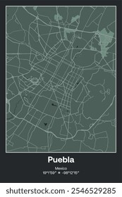 Mapa de pôster vetorial editável de Puebla, México, exibindo detalhados layouts de ruas, principais estradas, bairros e pontos de referência em cinza escuro, cinza, verde, cinza-verde cores.