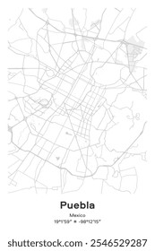 Mapa editável de Puebla, México, exibindo detalhados layouts de rua, principais estradas, bairros e pontos de referência em Pastel, cinza, branco, cores verdes.