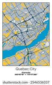 Editable vector poster map of Quebec-City, Canada, showcasing detailed street layouts, main roads, neighborhoods, and landmarks in Blue, Gray, Yellow, Olive colors.