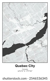 Editable vector poster map of Quebec-City, Canada, showcasing detailed street layouts, main roads, neighborhoods, and landmarks in Gray, Black, White, BW colors.