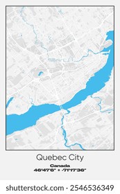 Editable vector poster map of Quebec-City, Canada, showcasing detailed street layouts, main roads, neighborhoods, and landmarks in Gray, white, blue colors.