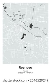 Editable vector poster map of Reynosa, Mexico, showcasing detailed street layouts, main roads, neighborhoods, and landmarks in Gray, Black, White, BW colors.