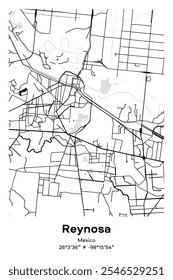 Mapa de pôster vetorial editável de Reynosa, México, exibindo detalhados layouts de rua, principais estradas, bairros e pontos de referência em preto, branco, cinza, BW cores.