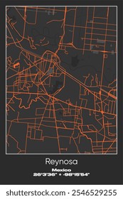 Editable vector poster map of Reynosa, Mexico, showcasing detailed street layouts, main roads, neighborhoods, and landmarks in Gray, Black, Orange colors.