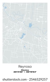 Editable vector poster map of Reynosa, Mexico, showcasing detailed street layouts, main roads, neighborhoods, and landmarks in Gray, white, green, blue colors.