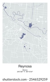 Editable vector poster map of Reynosa, Mexico, showcasing detailed street layouts, main roads, neighborhoods, and landmarks in Gray, Blue, Green, White colors.