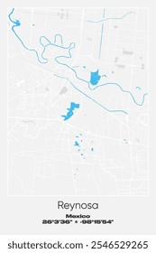 Editable vector poster map of Reynosa, Mexico, showcasing detailed street layouts, main roads, neighborhoods, and landmarks in Gray, white, blue colors.