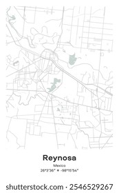 Editable vector poster map of Reynosa, Mexico, showcasing detailed street layouts, main roads, neighborhoods, and landmarks in Pastel, Gray, White, Green colors.