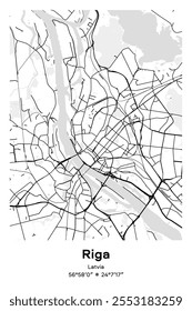 Mapa de pôster vetorial editável de Riga, Letônia, mostrando detalhados layouts de rua, principais estradas, bairros e pontos de referência em preto, branco, cinza, BW cores.