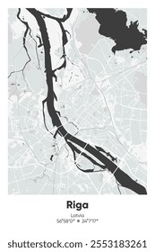 Editable vector poster map of Riga, Latvia, showcasing detailed street layouts, main roads, neighborhoods, and landmarks in Gray, Black, White, BW colors.