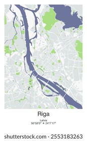 Editable vector poster map of Riga, Latvia, showcasing detailed street layouts, main roads, neighborhoods, and landmarks in Gray, Blue, Green, White colors.