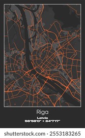 Mapa de pôster vetorial editável de Riga, Letônia, mostrando layouts detalhados de ruas, principais estradas, bairros e pontos de referência em cores cinzentas, pretas e laranja.