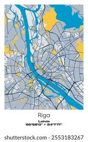 Editable vector poster map of Riga, Latvia, showcasing detailed street layouts, main roads, neighborhoods, and landmarks in Blue, Gray, Yellow, Olive colors.