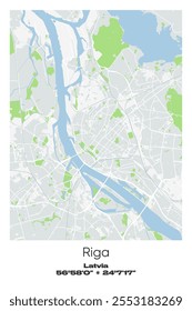 Editable vector poster map of Riga, Latvia, showcasing detailed street layouts, main roads, neighborhoods, and landmarks in Gray, white, green, blue colors.