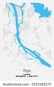 Mapa de pôster vetorial editável de Riga, Letônia, mostrando detalhados layouts de rua, estradas principais, bairros e pontos de referência em cores cinzentas, brancas e azuis.