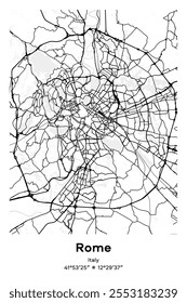 Mapa de pôster vetorial editável de Roma, Itália, mostrando detalhados layouts de rua, principais estradas, bairros e pontos de referência em preto, branco, cinza, BW cores.