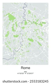 Mapa de pôster vetorial editável de Roma, Itália, exibindo detalhados layouts de rua, principais estradas, bairros e pontos de referência nas cores Cinza, Azul, Verde e Branco.