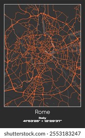 Mapa de pôster vetorial editável de Roma, Itália, mostrando detalhados layouts de rua, principais estradas, bairros e pontos de referência em cores cinza, preto, laranja.