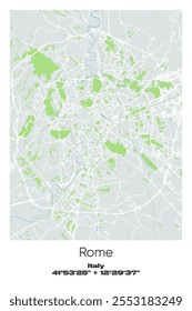 Mapa de pôster vetorial editável de Roma, Itália, mostrando detalhados layouts de rua, principais estradas, bairros e pontos de referência em cores cinzentas, brancas, verdes, azuis.