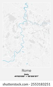 Mapa de pôster vetorial editável de Roma, Itália, exibindo detalhados layouts de rua, principais estradas, bairros e pontos de referência em cores cinzentas, brancas e azuis.