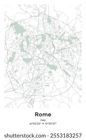 Editable vector poster map of Rome, Italy, showcasing detailed street layouts, main roads, neighborhoods, and landmarks in Pastel, Gray, White, Green colors.