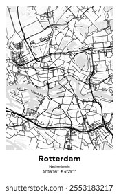 Mapa de pôster vetorial editável de Roterdão, Países Baixos, mostrando detalhados layouts de rua, principais estradas, bairros e pontos de referência em preto, branco, cinza, BW cores.