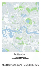 Mapa de pôster vetorial editável de Roterdão, Países Baixos, mostrando detalhados layouts de rua, estradas principais, bairros e pontos de referência em cores cinzentas, brancas, verdes, azuis.