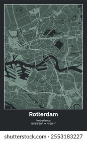 Editable vector poster map of Rotterdam, Netherlands, showcasing detailed street layouts, main roads, neighborhoods, and landmarks in Dark gray, Gray, Green, gray-green colors.