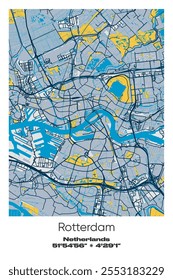 Mapa de pôster vetorial editável de Roterdão, Países Baixos, mostrando detalhados layouts de ruas, principais estradas, bairros e pontos de referência em azul, cinza, amarelo, azeitona cores.