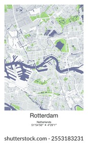 Mapa de pôster vetorial editável de Roterdão, Países Baixos, mostrando detalhados layouts de rua, estradas principais, bairros e pontos de referência em cores Cinza, Azul, Verde, Branco.