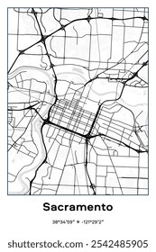 Editable vector poster map of Sacramento,California, showcasing detailed street layouts, main roads, neighborhoods, and landmarks in Black, white, gray colors.