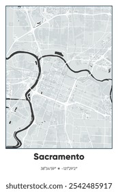 Editable vector poster map of Sacramento,California, showcasing detailed street layouts, main roads, neighborhoods, and landmarks in Gray, Black, White colors.