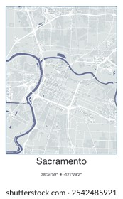 Editable vector poster map of Sacramento,California, showcasing detailed street layouts, main roads, neighborhoods, and landmarks in Gray, Blue, Green, White colors.