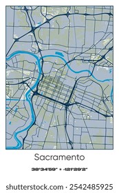 Editable vector poster map of Sacramento,California, showcasing detailed street layouts, main roads, neighborhoods, and landmarks in Blue, Gray, Yellow, Olive colors.