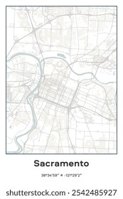 Editable vector poster map of Sacramento,California, showcasing detailed street layouts, main roads, neighborhoods, and landmarks in Pastel, Gray, White, Green colors.