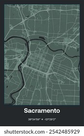 Editable vector poster map of Sacramento,California, showcasing detailed street layouts, main roads, neighborhoods, and landmarks in Dark gray, Gray, Green, gray-green colors.