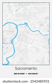 Editable vector poster map of Sacramento,California, showcasing detailed street layouts, main roads, neighborhoods, and landmarks in Gray, white, blue colors.