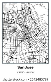 Mapa de pôster vetorial editável de San Jose, Califórnia, exibindo detalhados layouts de ruas, principais estradas, bairros e pontos de referência em preto, branco, cinza cores.