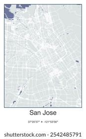 Editable vector poster map of San Jose,California, showcasing detailed street layouts, main roads, neighborhoods, and landmarks in Gray, Blue, Green, White colors.