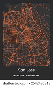 Editable vector poster map of San Jose,California, showcasing detailed street layouts, main roads, neighborhoods, and landmarks in Gray, Black, Orange colors.