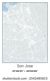 Editable vector poster map of San Jose,California, showcasing detailed street layouts, main roads, neighborhoods, and landmarks in Gray, white, green, blue colors.