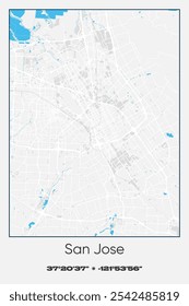 Editable vector poster map of San Jose,California, showcasing detailed street layouts, main roads, neighborhoods, and landmarks in Gray, white, blue colors.