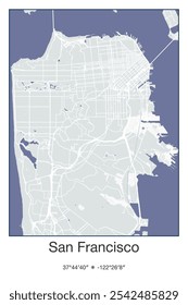 Mapa de pôster vetorial editável de São Francisco, Califórnia, exibindo detalhados layouts de rua, principais estradas, bairros e pontos de referência nas cores Cinza, Azul, Verde e Branco.