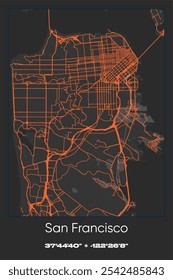 Mapa de pôster vetorial editável de São Francisco, Califórnia, exibindo detalhados layouts de ruas, principais estradas, bairros e pontos de referência em cores cinza, preto, laranja.