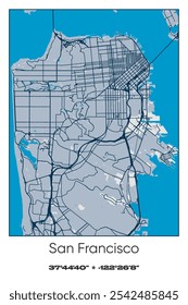 Mapa de pôster vetorial editável de São Francisco, Califórnia, mostrando detalhados layouts de rua, principais estradas, bairros e pontos de referência em azul, cinza, amarelo, azeitona cores.