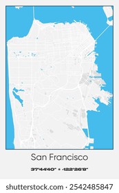 Mapa de pôster vetorial editável de São Francisco, Califórnia, mostrando detalhados layouts de rua, principais estradas, bairros e pontos de referência em cores cinzentas, brancas e azuis.