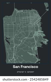 Mapa de pôster vetorial editável de São Francisco, Califórnia, exibindo detalhados layouts de ruas, principais estradas, bairros e pontos de referência em cinza escuro, cinza, verde, cinza-verde cores.