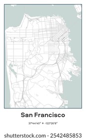 Editable vector poster map of San Francisco,California, showcasing detailed street layouts, main roads, neighborhoods, and landmarks in Pastel, Gray, White, Green colors.