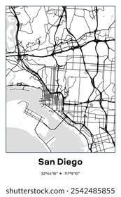 Editable vector poster map of San Diego,California, showcasing detailed street layouts, main roads, neighborhoods, and landmarks in Black, white, gray colors.